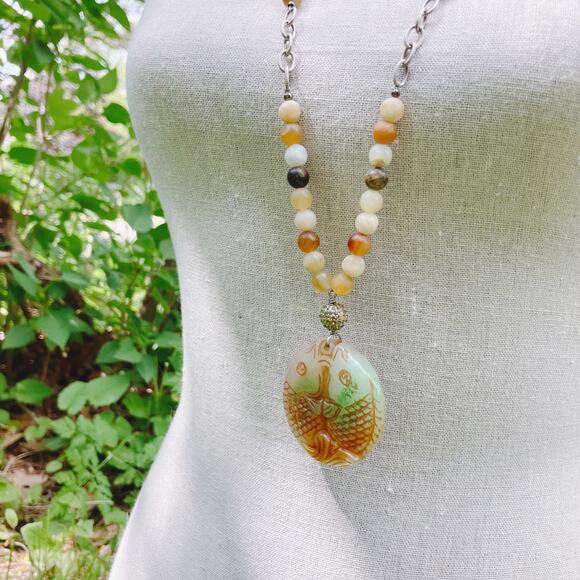 Jadeite Double Fish Pendant Necklace Earrings Set, Real Stone Beads Boho Jewelry - Picture 6 of 10